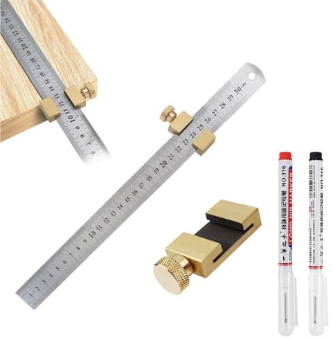 Ceeyoll Limiteur de Marquage,Equerre Charpentier 30cm Regle Metal Avec RéGlable ButéE Laiton,Trusquin De Traçage,règle 30 cm Apportez deux marqueurs,Pour Le Bricolage, Le Travail Du Bois, L'Artisanat.