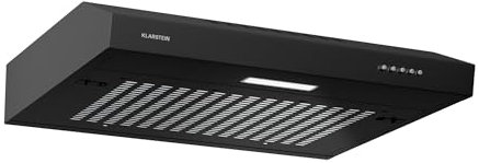 Klarstein SlimVent Hotte Aspirante, 60 cm Hotte de Cuisine Gain de Place, 200 m³/h, Énergie A+, Silencieuse 52 dB, LED, Filtre à Charbon, Hotte Casquette, Noir