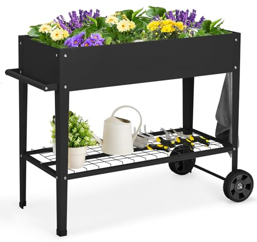 GOPLUS Huerto Urbano con Ruedas, Cama Elevada con Estante y 2 Ganchos para Herramientas de Jardinería para Verduras, Hierbas y Otros Vegetales, 95 x 40 x 80 cm (Negro)