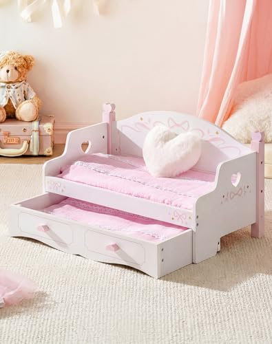 ROBOTIME Docksäng i trä, utdragbar bäddsoffa med sängkläder för 45 cm dockor | Rosa balettdesign, konverterar från soffa till dubbel sovplats, present till barn i åldern 3+