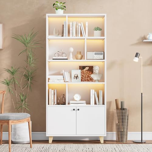 Generisch Estantería blanca de 80 x 30 x 173 cm con luz LED ambiental y patas de madera maciza, 4 compartimentos abiertos, armario de doble puerta, mando a distancia, capacidad de carga de 60 kg