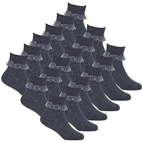 Metzuyan 9 Pairs Girls 3-Pack Frilly Socks Organza Lace Frill Back to School Grey 12.5-3.5