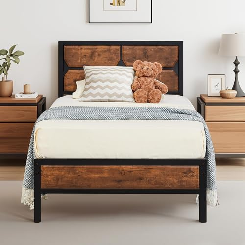 VECELO Struttura per letto singolo, piattaforma in metallo con testiera e pediera in legno, base per materasso, doghe in metallo resistente, senza molle di ricambio, facile da montare