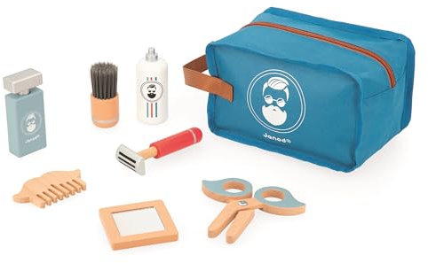 JANOD - Barbierkoffer für Kinder - 7 Holz-Accessoires + Etui - Rollenspielzeug - Entwickelt die Fantasie - Holzspielzeug - Ab 3 Jahre, J06552, Bleu