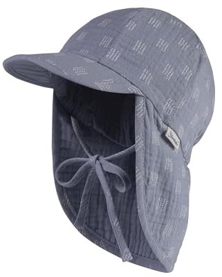 Sterntaler Schirmmütze Punkte Musselin mit Nackenschutz und Bindeband für Jungen - Kinder Mütze mit grafischem Punktmuster - Sonnenkappe Kinder aus Baumwolle - graublau, 53