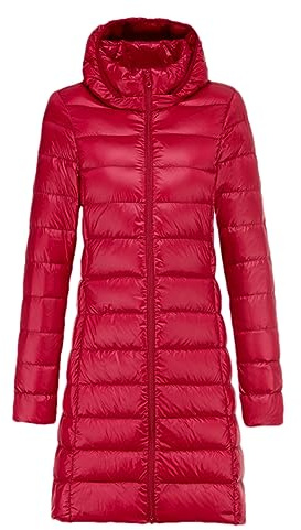 Lång dunjacka för kvinnor ultralätt med dunkappa med huva, Röd, 3XL