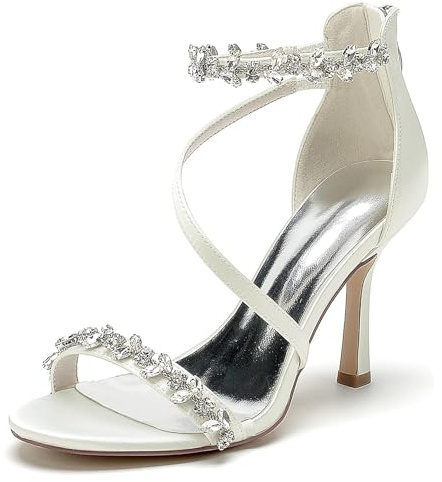 Hanfike Sandali da sposa comodi da donna con cinturino alla caviglia scarpe da sera aperte con strass JY167, avorio, 38.5 EU