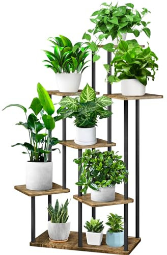 YOCOMEY 7-Tier Hölzern Blumenregal Pflanzenregal, Mehrstöckig Blumenständer Pflanzenständer Blumenbank Blumentreppe Pflanzentreppe Standregal für Innen Garten Balkon Deko(Schwarz)