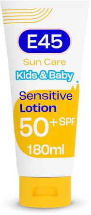 E45 Kids & Baby Sun Lotion for Sensitive Skin SPF 50+. Face & Body Gentle Sun Cream with UVA & UVB Protection with Avocado Oil. For Dry Sensitive Skin and Eczema Prone Skin -180 ml