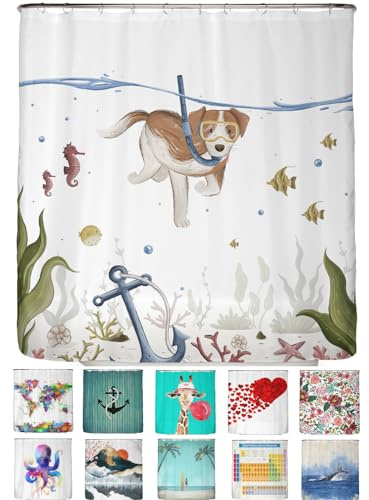 arteneur® - Tauchender Hund - Anti-Schimmel Duschvorhang 180x200 - Recycelt mit Öko-Tex Standard 100 - Beschwerter Saum, Blickdicht, Wasserdicht, Waschbar, 12 Ringe & E-Book