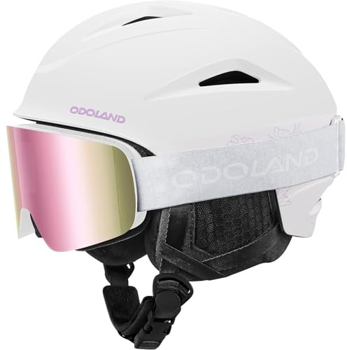 Odoland Casco da Sci con Occhiali - Casco Sportivo con Occhiali Protettivi per Uomini e Donne - Abbigliamento da Sci Antivento per Adulti e Giovani per Snowboard, Sci, Motoslitta Bianco Viola S