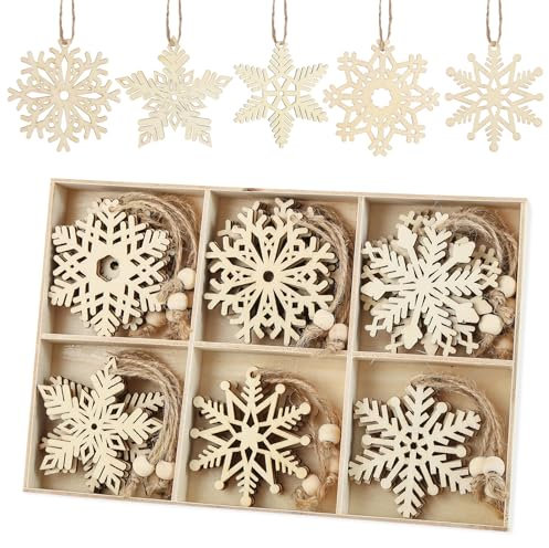 Anstore 30 Stück Christbaumschmuck Holz Schneeflocken Holzdeko Weihnachtsbaumschmuck Protokoll Verzierung Holzscheiben für Tischdeko Winterdeko