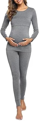 Générique Ensemble de Pyjama Maternité Coton Pyjama d'allaitement pour Femme Manches Longues Vêtement de Nuit Hiver Chaud (FR/ES, Alpha/Lettres, M, Taille Normale, Taille Normale, Gris)
