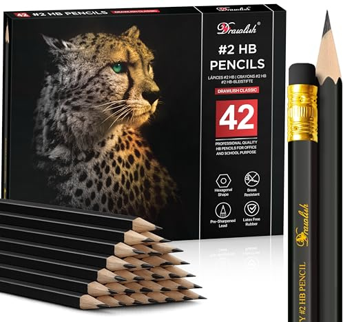 Drawlish HB Pencils with Rubbers on the End - Pack of 42 Sketching Pencils with Soft Corner Hexagonal Shape - Graphite Pencil Set for Kids, Artists & Professional