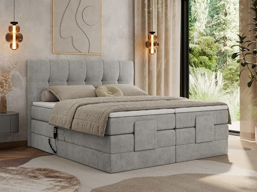 MKS MEBLE Boxspringbett 180x200 elektrisch verstellbar 7-Zonen Taschenfederkern Matratze mit TopperBett mit Motor Polsterbett Motorbett - Vittoria - Hellgrau Strukture - H3