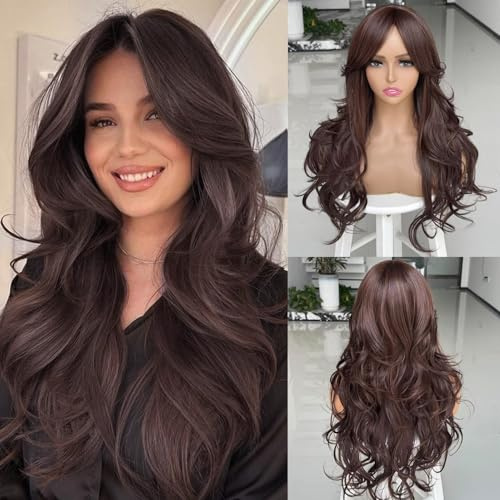 Jolelyne What Are Long Layered Bangs Wigs: Dark Brown Layered Wavy Wigs with Curtain Fringe for White Women Need Little Care