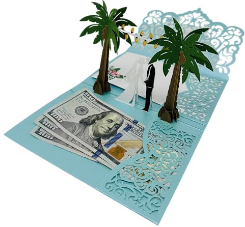 Wedding Cards for Bride and Groom - Pop-Up Congratulations Card with Money Holder for Cash Gift – Elegant Marriage Card for Bridal Shower, Wedding Shower, Son & Daughter in Law, Engagement, or Newlywed with Envelope Palm Tree Design (Moonlit Whisper)