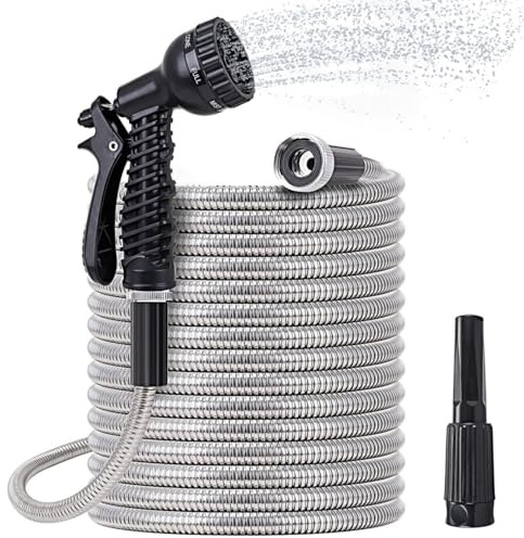 Wisada Manguera Extensible 7 Funciones, Manguera Jardin Flexible Ligera de Acero Inoxidable 14MM para Riego de Jardín, Regar, Limpiar, Lavar Coche, Regar, Bañar Mascotas (25FT)