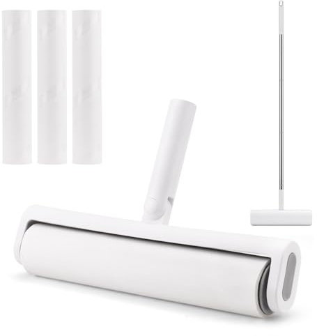 LELE LIFE Grands rouleaux anti-peluches pour poils d'animaux, 24 cm de large et tête rotative à 180°, extra collant, manche long et housse pour tapis, 180 recharges (1 grand rouleau anti-peluches + 3