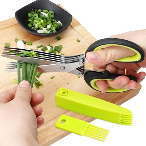 Tijeras de hierbas de cocina - Tijeras de corte de acero inoxidable de 5 capas - Lavavajillas Cocina Gadget Verde Tijeras De Triturar Regalo De Navidad Para Ensalada De Cebolla