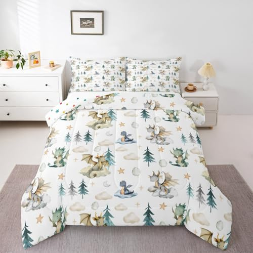 Feelyou Cute Dragon Kids Comforter Set Toddler Size Baby Dragon Bedding Set Kawai Cloudy Duvet Quilt for Kids Boys Girls Tree Botanical Bedroom Decor Light Blue White Microfiber Ultra Soft