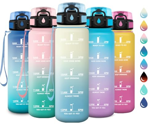 Bouteille d'eau 1L, Bouteille d'eau de Motivation avec Marqueur de Temps, Étanche et Réutilisable, Gourde avec Filtre sans BPA, Bouteille Réutilisable pour l'école, Sport, Bureau, Yoga, Camping