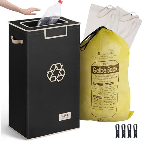 SOELDI 100L Gelber Sack Ständer mit Deckel, Gelber Sack Behälter mit 2 Abnehmbaren Tragetasche, Große Einwurföffnung für Einfaches Einwerfen, Gelber Sack Mülleimer für Küche & Haushal