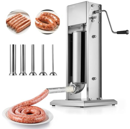 VEVOR Poussoir à Saucisses Manuel Capacité 5 L, Machine à Saucisses Verticale en Acier Inoxydable, Ensacheuse à Double Vitesse, avec 5 Tubes de Remplissage, pour Cuisine, Domicile, Restaurant