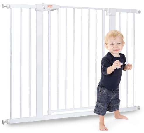 LAOYE Puerta de Seguridad 76cm Altura sin taladrar, Barrera para Puertas 75–124cm con 3 Extensiones, Barrera para bebés Mascotas con Cierre automático y Parada a 90°, para niños, Perros Gatos–Blanco