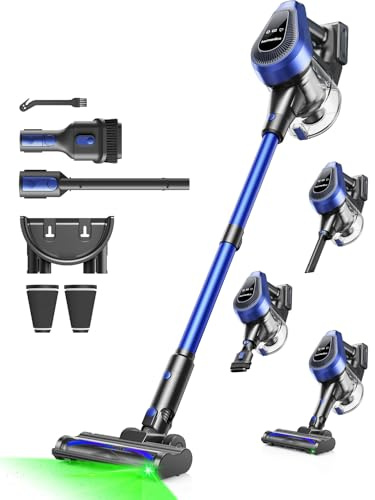 50Min Aspirapolvere Senza Fili Potente, 550W Scopa Elettrica Senza Fili, 50KPA Scopa Elettrica, 1,5 L Contenitore per la Polvere Aspirapolvere Senza Fili, Aspirapolvere Con filtro a 8 strati, Blu
