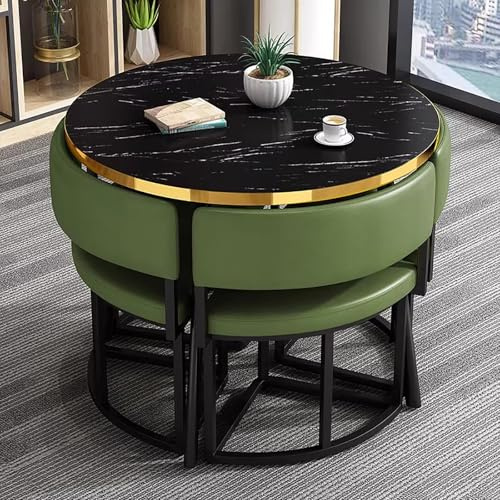 Modern 35.4 Round Black Dining Table Set with 4 Chairs Stylish Small Kitchen & Office Furniture Ideal for Dining Room Conference Room Lounge Dark Green Accents