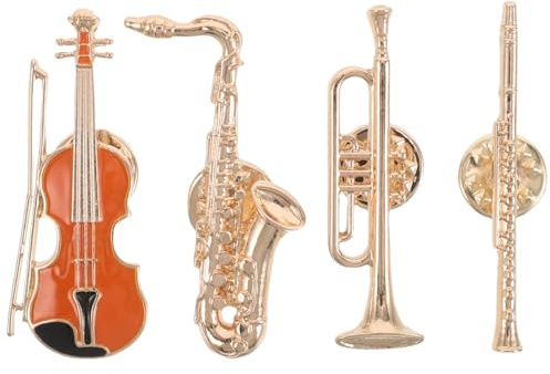 VANZACK Lot de 4 Broches Musique Vintage en Alliage Or, Épingles Légères Guitare, Saxophone, Trompette et Flûte, Accessoires Créatifs pour Vestes et Chapeaux en Occasions Spéciales