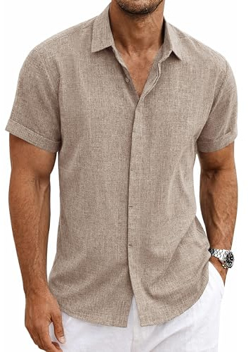 Ficovis Mens Brown Linen Shirt Short Sleeve Casual Shirts Button Down Summer Beach Tropical Vacation Shirt Short Sleeve Dress Shirts Lightweight Breathable Size XS