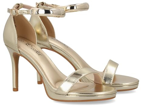 99555 Sandalia de tacon para mujer con diseno elegante, para ocasiones especiales y eventos destacados. Tira ancha en el tobillo metalizada, Cierre de hebilla y tacon alto de aguja. Oro Talla 35