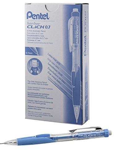 Pentel Twist-Erase CLICK Mechanical Pencil, (0.7mm), CLEAR Barrel, Sky Blue Grip, 12 pack (PD277TS)