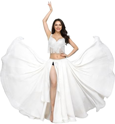 Baisdan Gonna da donna per danza del ventre in chiffon, per allenamento, performance, danza, con fessura, costume da festival, bianco, Taglia unica