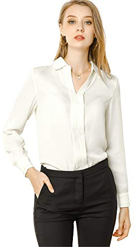 Allegra K Women's Silk Top Elegant V Neck Satin Blouse Long Sleeve Dressy Business Shirt Work Tops 2025, White, XS