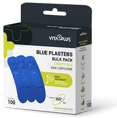 VITAPLUS Pansements bleus en vrac 100 (19 x 72 mm) – Plâtre d'hôtellerie, de service alimentaire et d'agriculture – Détection de métaux
