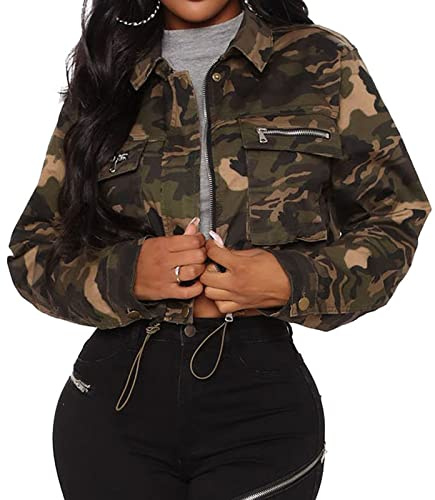 VisiChenup Women's Camo Jacket Long Sleeve Zipper Closure Crop Top With Pockets Relaxiable Band
