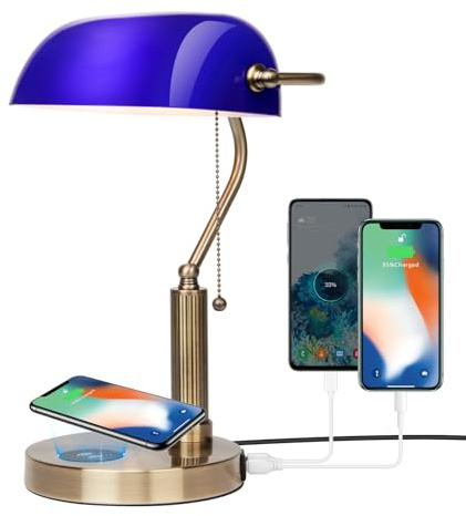 FIRVRE Bankers Lamp with2 USB and Wireless Charging Port，Pull Chain Switch Blue Glass Desk Lamp， E26 Base,Traditional Library Desk Lamps for Home Office,Bedroom,Piano