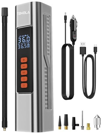 TEMOLA Inflador Ruedas Coche, Compresor Aire Portatil, Compresors Aire Coche con Pantalla Digital y Luz de Emergencia, Mini Compresor de Aire para Accesorios Coche, Bicicleta, Motocicleta