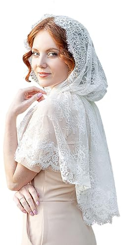 JIAHG Voile d'église en Dentelle Châle Femme Été Protection Solaire Mantille Catholique Traditionnelle Voile de Mariage Voyage Châle de Princesse Blanche Foulard de Tête Femme Musulmane