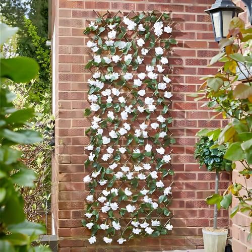 Garden Mile Solar Artificial Trellis Living Wall White Hydrangea Flower In-Lit Panel Realistic Expandable Trellis Privacy Fence Screening Garden Decoration Light Up Climbing Faux Trellis 180x60cm
