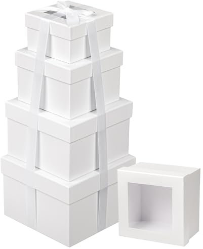 Briful 4er Set Geschenkbox Quadratische Schachtel mit Sichtfenster Aufbewahrungsbox mit Deckel Pappschachteln Weißer Geschenkkarton für Geschenke Verpackung