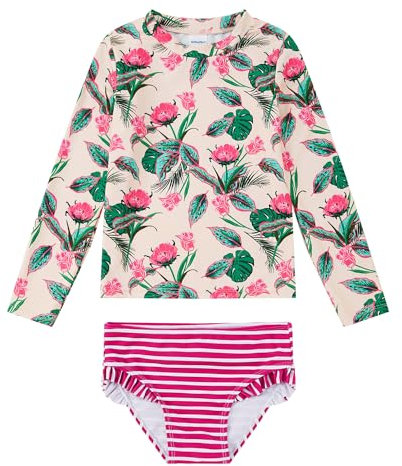 upandfast Baby/Mädchen Rashguard-Set UPF 50+ Badeanzug Mädchen Langarm Bademode(6 Jahre,Grün Rosa Blume)