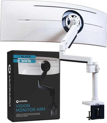 ULTRARM Heavy Duty Monitor Arm for Ultrawide Monitors up to 57 and 44 lbs, Single Desk Stand, Pneumatic Height Adjustable, Modular Extension Arms - Max VESA 100x100, White, MA20PW-S