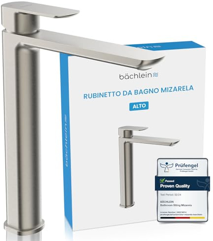 Bächlein Badarmatur Mizarela hoch in klassischem Design, Einhebelmischer für Aufsatzwaschbecken mit langlebiger Keramikkartusche und Montage-Set, Bad Wasserhahn Edelstahl gebürstet - flacher Auslauf