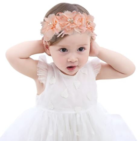 Fmeida Baby Headband for Girls Newborn Infant Hair Accessories Flower Crown - Peach