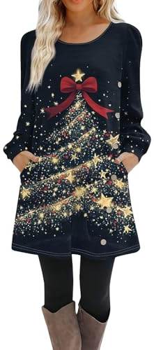 Robe Noel Femme Chic et Elegante Robe Pull Casual Imprimé Noël Col Rond Manches Longues Robe de Noël Femme Swing Plissé A-Line avec Poches,f1052y,Or,3XL