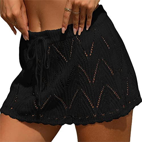 LYSINK Women Crochet Bikini Bottoms Cover Ups Mini Skirts High Waist Drawstring Beach Knitted Coverups Skirt for Summer (Ba Black, ONE SIZE)